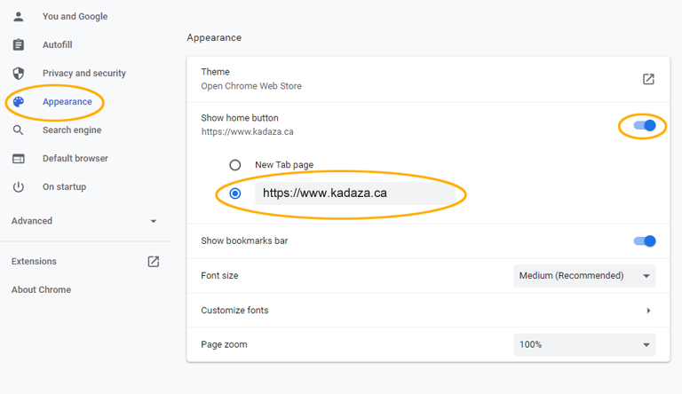 Homepage Kadaza Settings Chrome