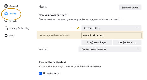 Firefox Instruction to change the homepage