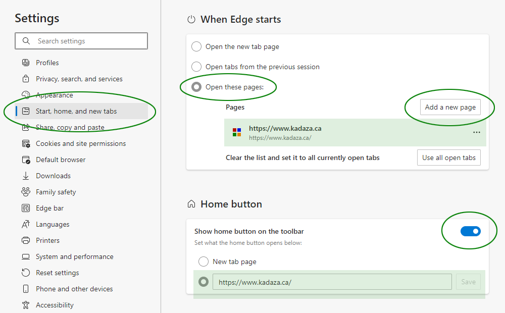 Set Kadaza as homepage and start page in Edge