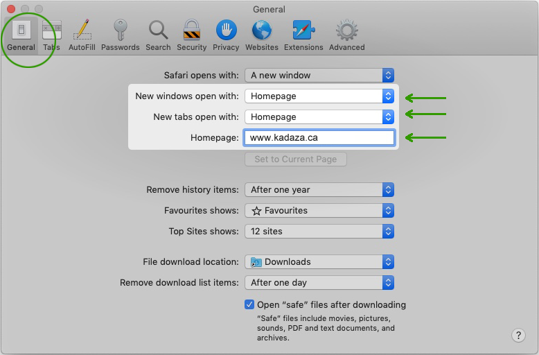 Set Kadaza as homepage and start page in Safari